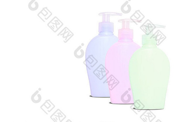 三个空白彩色肥皂瓶，带有复印空间