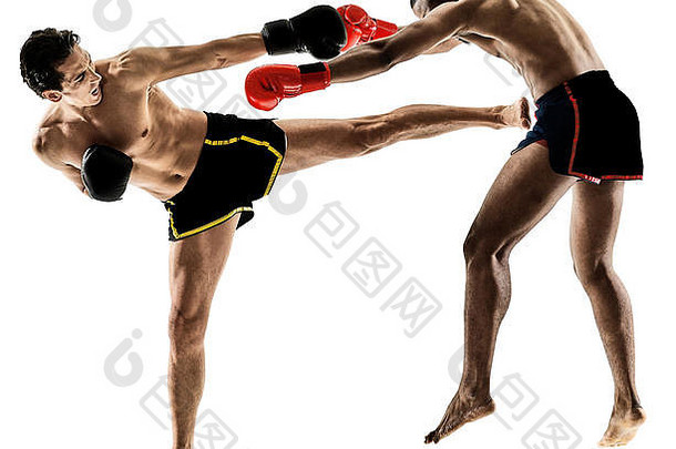 两名白种人泰拳跆拳道跆拳道运动员泰拳男子被隔离在白色背景下