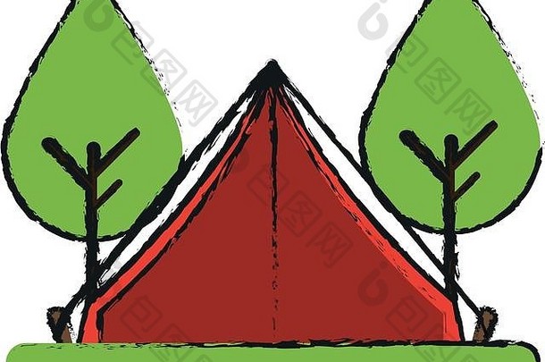 树木环绕的露营帐篷图标图像