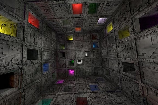 科幻垃圾逃生室谜语迷宫立方体内部3D插图