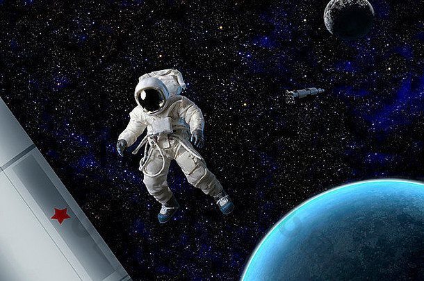 漂浮在行星和飞船附近的太空中的宇航员。