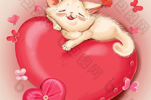可爱的猫躺在红色的枕头上——心。米色背景，粉红色和红。情人节贺卡。