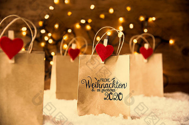 圣诞购物袋，雪，心，Glueckliches 2020意味着快乐2020