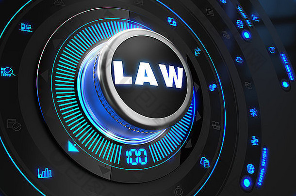 黑色控制台上的法律控制器，带蓝色背光。、监管、控制或管理理念。