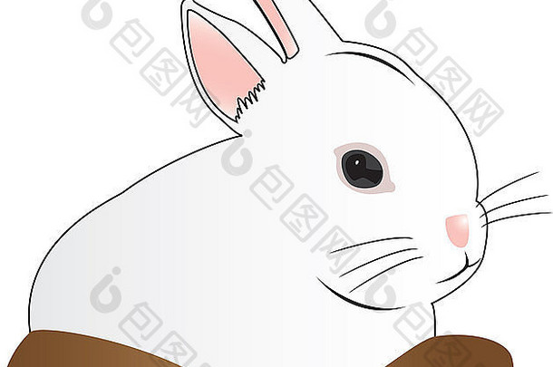 在白色背景下隔离的棕色篮子中的白兔的插图线条图。