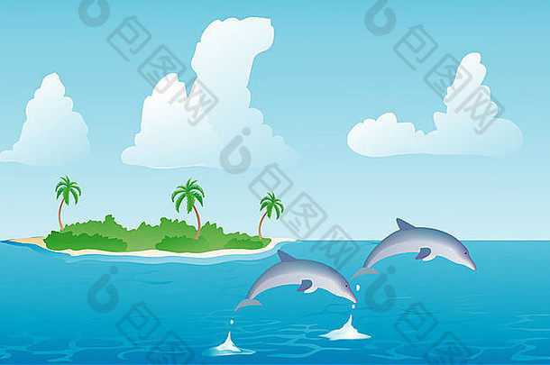 一对海豚跳出水面插图
