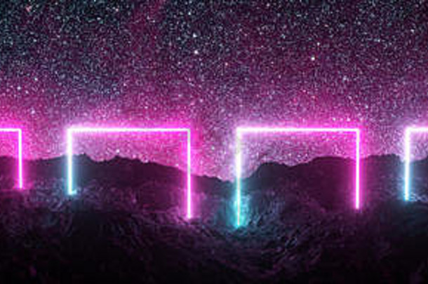 未来主义的复古的广场霓虹灯光发光的岩石地面大横幅渲染空间星空背景粉红色的蓝色的颜色