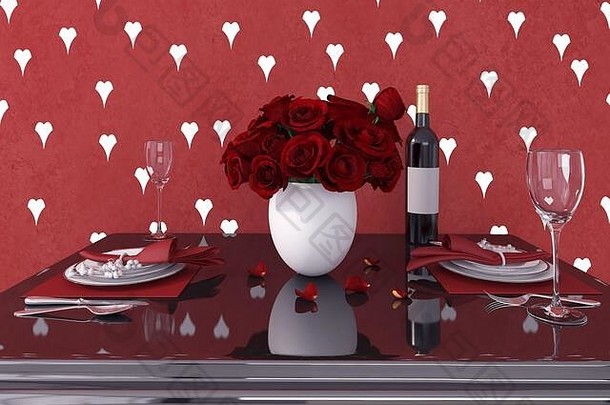 红色玫瑰情人节双人桌的3d渲染