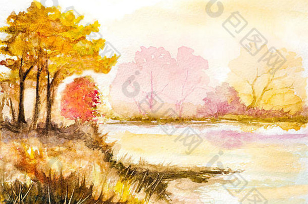 秋天树湖水彩插图