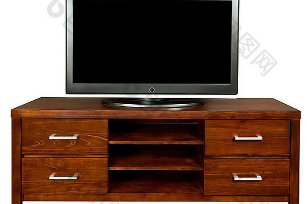 一个经典的棕色木制电视柜，上面有一个大的液晶电视。
