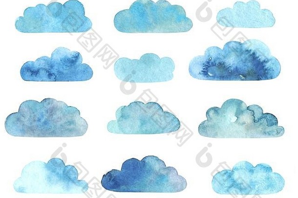 一套水彩画的蓝色可爱的原始云隔离在白色背景上。