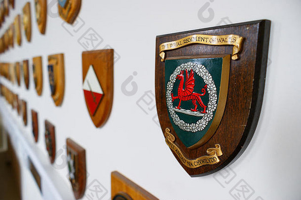 威尔士皇家军团在一块木制牌匾上饰有徽章。