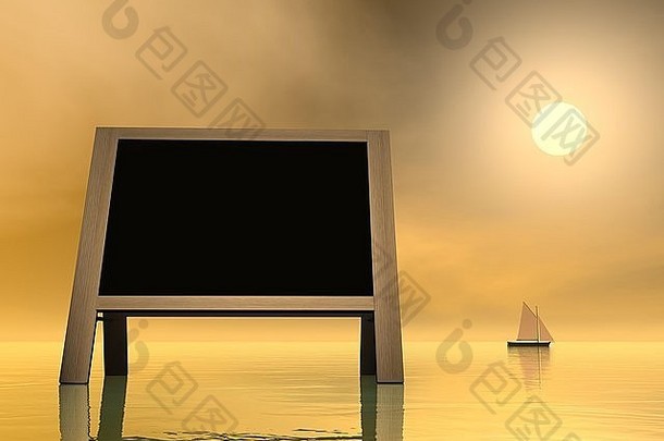 日落时背景中有帆船的水上信息空白黑板-3D渲染