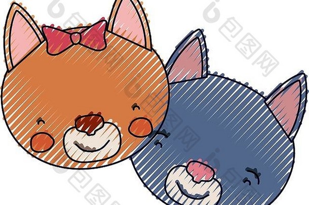 颜色蜡笔轮廓脸猫夫妇动物幸福表达式