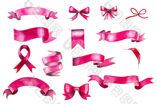 集手画粉红色的水彩丝带弓