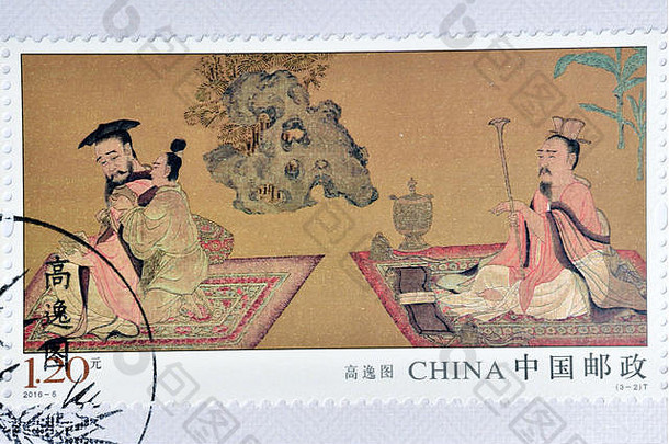 中国-大约2016年：中国印刷的邮票展示了2016-5年的高一涂绘画。大约2016年。
