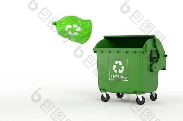 一个绿色垃圾袋飞向一个敞开的垃圾箱