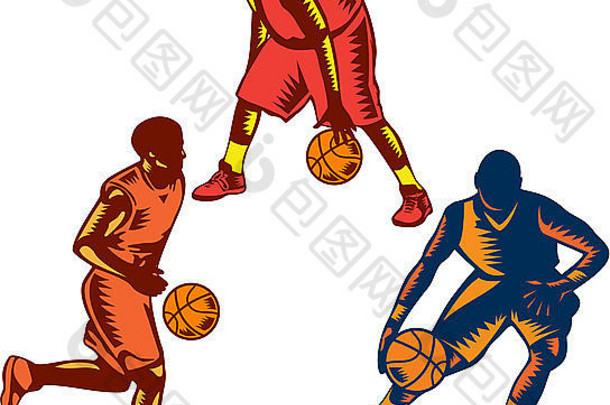 插图集合集篮球球员运球运球球孤立的白色背景复古的木刻风格