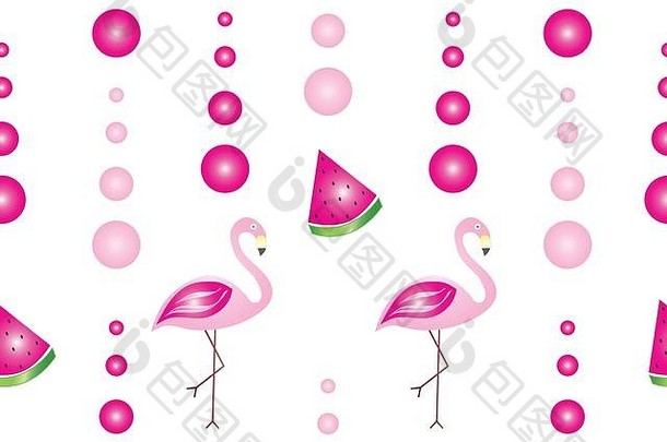 火烈鸟、西瓜和泡泡的无缝图案-粉色