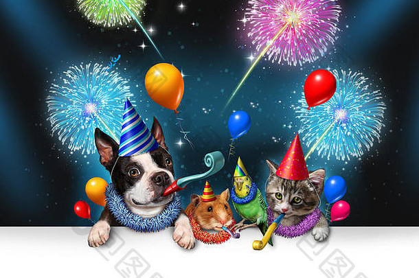 一年宠物庆祝活动晚上聚会，派对烟花聚会集团动物快乐狗猫鸟仓鼠庆祝周年纪念日