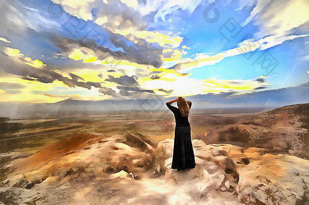 亚美尼亚阿拉拉特山谷的景色，前景中只有一名站立的妇女