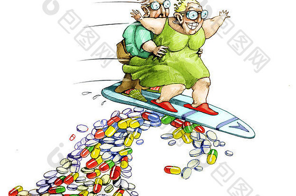 两位老人正在冲浪，吃着一大群药片