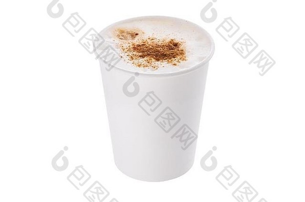 咖啡牛奶卡布奇诺咖啡肉桂塑料杯孤立的白色背景