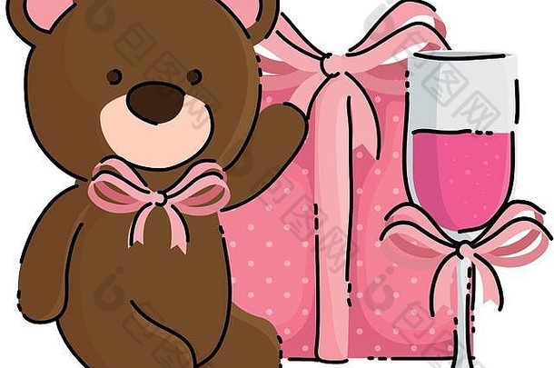 带礼品盒和香槟杯的可爱泰迪熊