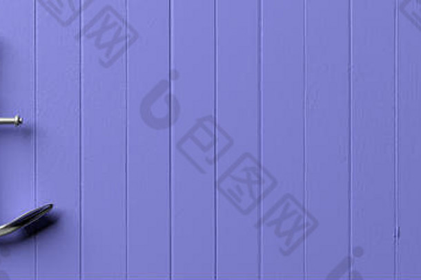 航海概念金属船锚挂蓝色的木墙背景横幅复制空间插图