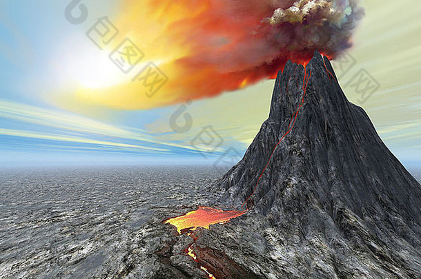 一座新火山喷发出炽热的熔岩和滚滚浓烟。