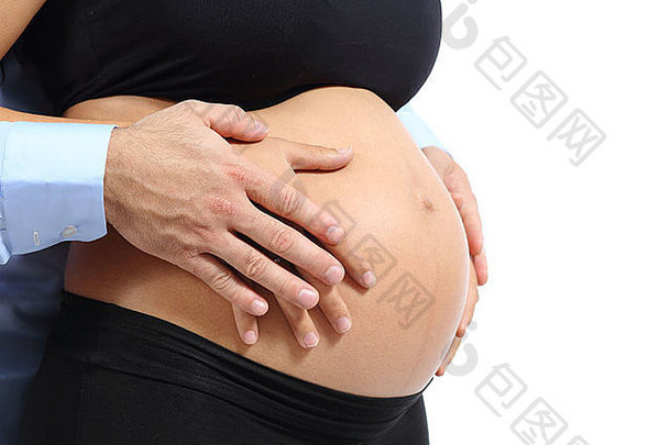 夫妇用手触摸隔离在白色背景上的孕妇的腹部