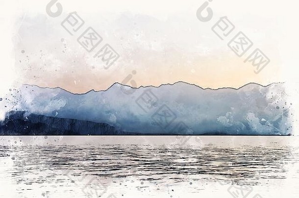 摘要色彩斑斓的山峰河水彩插图绘画背景