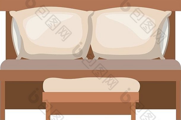沙发床，带双枕头和白色背景上彩色轮廓的木椅