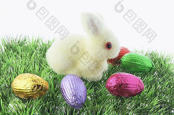 草地上的复活节兔子和巧克力复活节蛋