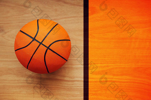 篮球球铺设硬木法院地板上前视图