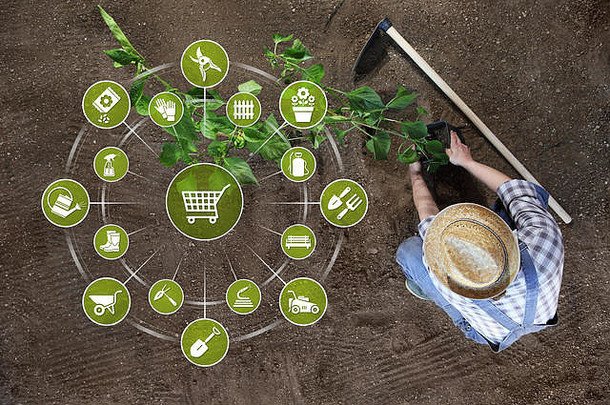 园艺设备电子商务概念在线购物花园工具图标男人。种植植物地面前视图背景