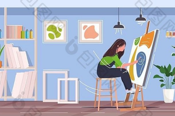 画家使用画笔和调色板女画家坐在画架前艺术创作爱好创意职业概念现代工作室