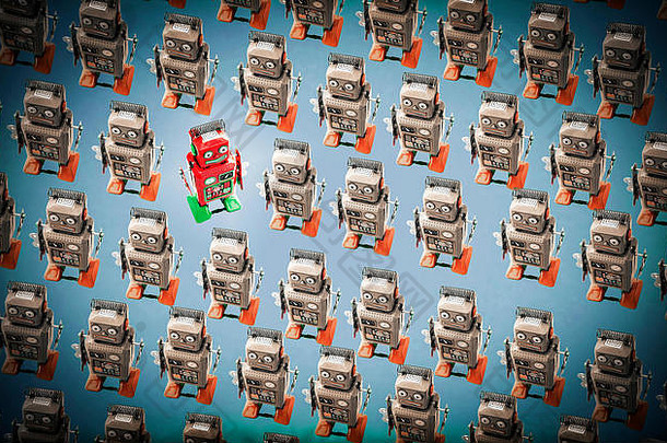 快乐红色的机器人人群独特的概念