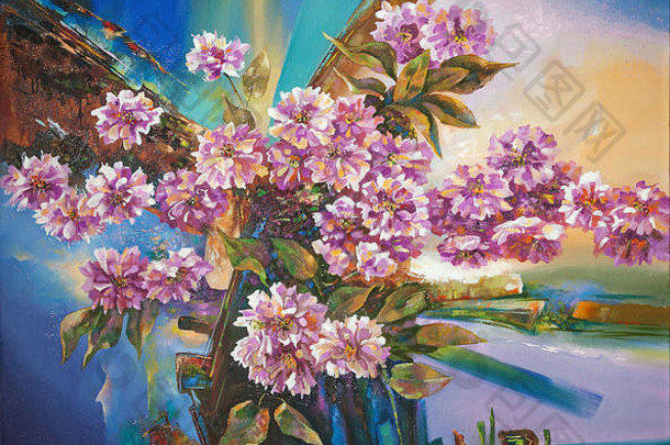 油画。樱花。静物画-画布上的装饰和纹理技术。作者：尼古拉·西文科夫。