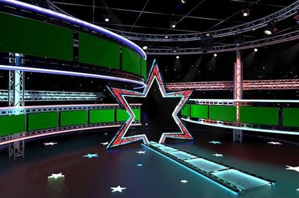虚拟电视演播室背景集4-4 3D渲染虚拟电视演播室用于色度镜头。无论你想在哪里，只要简单的设置，几平方英尺