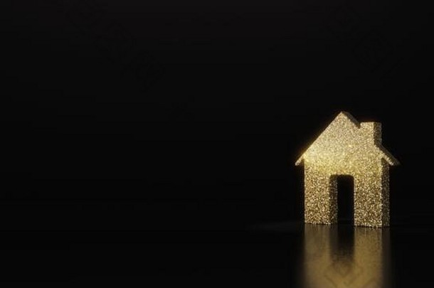 金光闪闪的家的象征，带有大门和烟囱，在黑色背景上进行3D渲染，模糊反射，闪烁