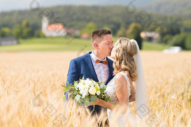 新娘新郎接吻拥抱温柔小麦场斯洛维尼亚语农村
