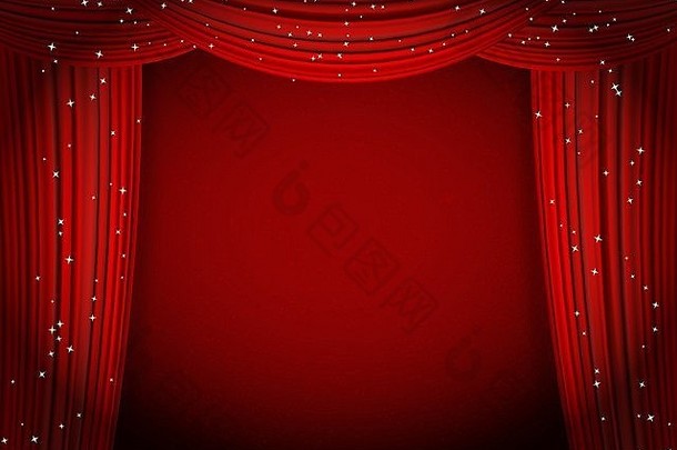 红色的窗帘红色的背景闪闪发光的星星开放窗帘剧院电影演讲电影奖