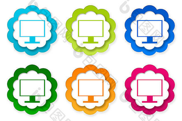 一套彩色贴纸图标，带有蓝色、绿色、粉色和橙色的计算机显示器符号的电视屏幕