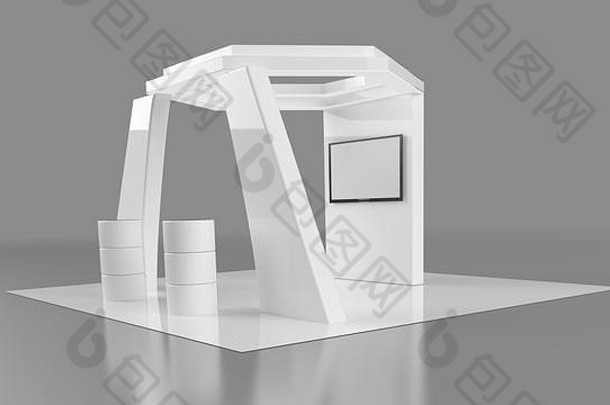 白色展览的3d渲染，带有用于品牌推广的屏幕