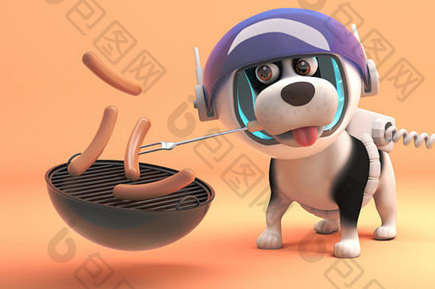火星上穿着宇航服的可爱小狗在烧烤上烤香肠，3d插图渲染
