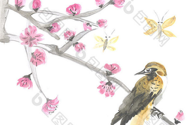 用明亮的水彩鸟画的请柬。原创艺术，东方风格的水彩花鸟画。中国艺术