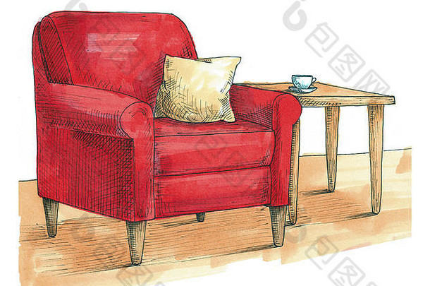 带枕头的手绘椅子。下一张桌子有一个杯子。用记号笔画的明亮的素描。