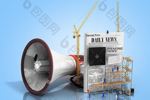 创建新闻的概念构建者将文本粘在一张空报纸上，旁边是一个扬声器，象征着propoganda 3d渲染在蓝色上