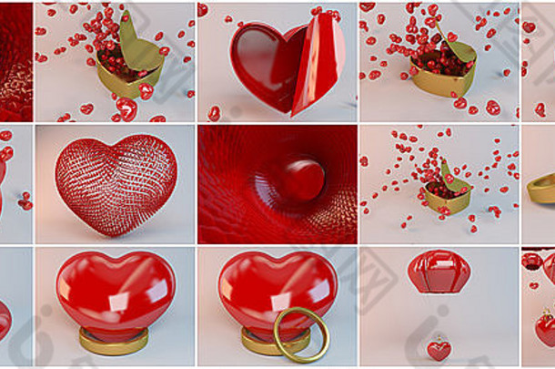 情人蜡烛和心形以及情人节系列，包括许多物品和元素，如canldes、flying hearts、romant